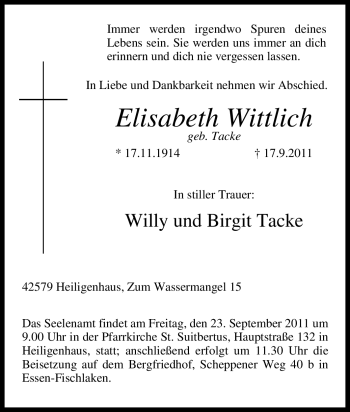 Traueranzeige von Elisabeth Wittlich von Tageszeitung