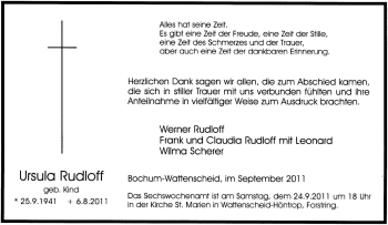 Traueranzeige von Ursula Rudloff von Tageszeitung