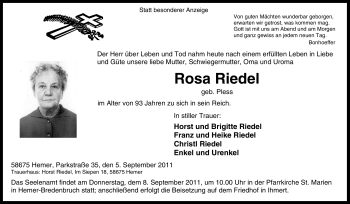 Traueranzeige von Rosa Riedel von Tageszeitung