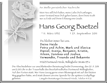 Traueranzeige von Hans Georg Baetzel von Tageszeitung