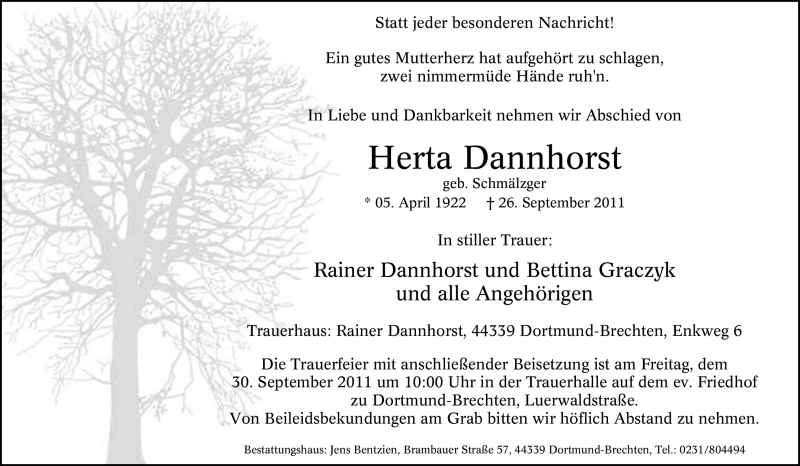  Traueranzeige für Herta Dannhorst vom 27.09.2011 aus Tageszeitung