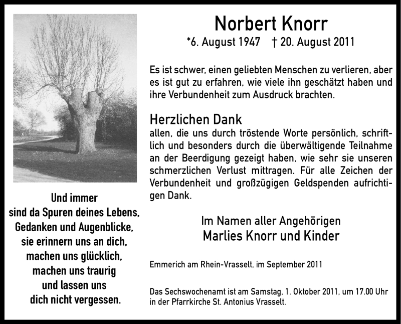  Traueranzeige für Norbert Knorr vom 24.09.2011 aus Tageszeitung