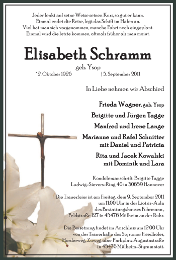 Traueranzeige von Elisabeth Schramm von Tageszeitung