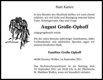 Traueranzeige von August Große-Ophoff von Tageszeitung