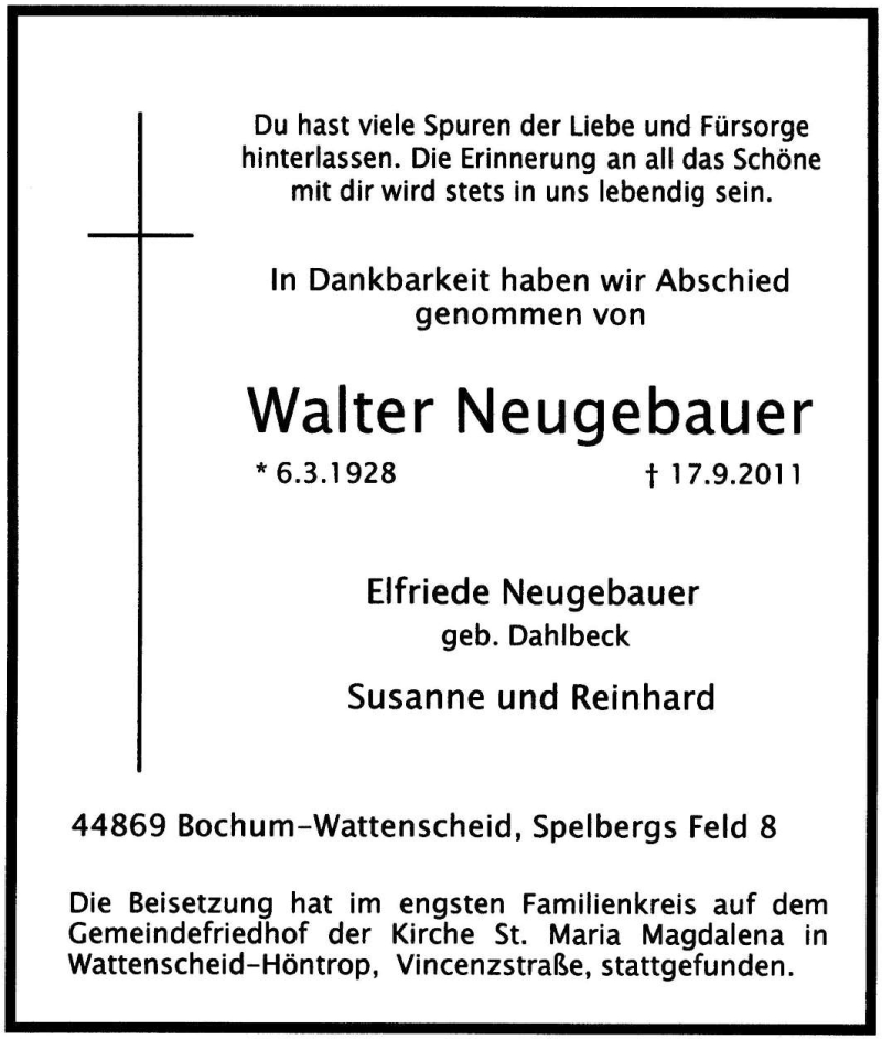  Traueranzeige für Walter Neugebauer vom 24.09.2011 aus Tageszeitung