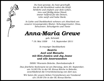 Traueranzeige von Anna-Maria Grewe von Tageszeitung