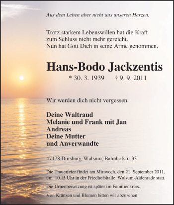 Traueranzeige von Hans-Bodo Jackzentis von Tageszeitung