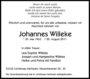 Traueranzeige von Johannes Willeke von Tageszeitung