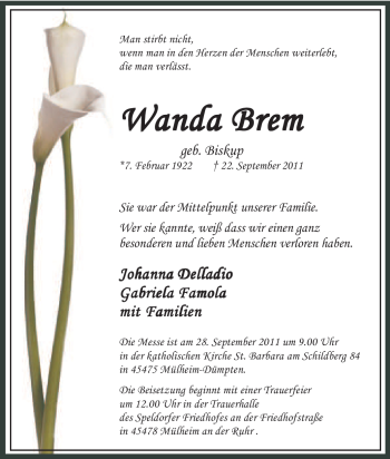 Traueranzeige von Wanda Brem von Tageszeitung