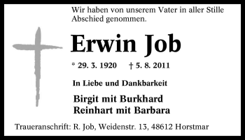 Traueranzeige von Erwin Job von Tageszeitung