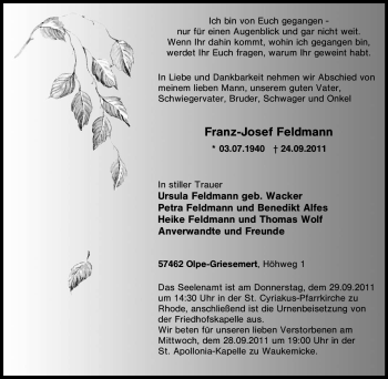 Traueranzeige von Franz-Josef Feldmann von Tageszeitung