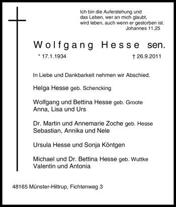 Traueranzeige von Wolfgang Hesse sen. von Tageszeitung