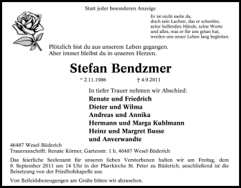 Traueranzeige von Stefan Bendzmer von Tageszeitung