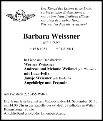 Traueranzeige von Barbara Weissner von Tageszeitung