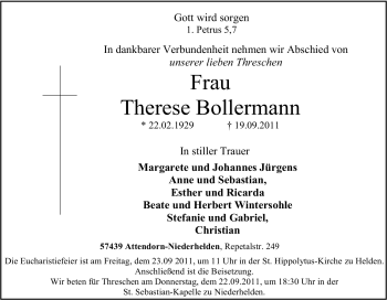 Traueranzeige von Therese Bollermann von Tageszeitung