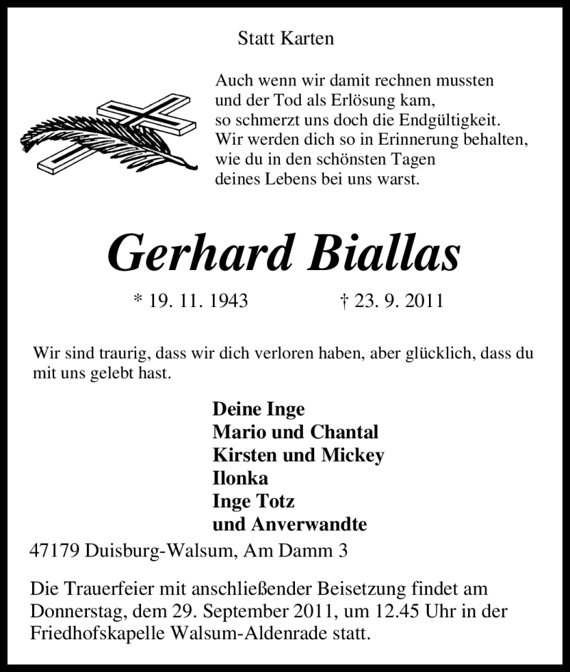  Traueranzeige für Gerhard Biallas vom 27.09.2011 aus Tageszeitung