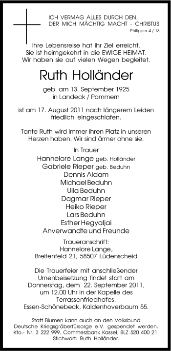 Traueranzeige von Ruth Holländer von Tageszeitung