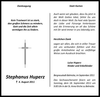 Traueranzeige von Stephanus Huperz von Tageszeitung