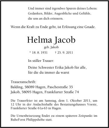 Traueranzeige von Helma Jacob von Tageszeitung