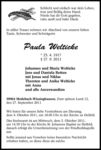 Traueranzeige von Paula Welticke von Tageszeitung