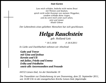 Traueranzeige von Helga Rauchstein von Tageszeitung
