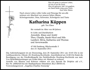 Traueranzeige von Katharina Küppen von Tageszeitung