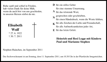 Traueranzeige von Elisabeth Wolf von Tageszeitung