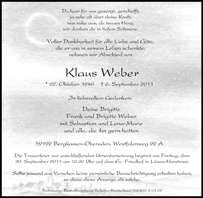  Traueranzeige für Klaus Weber vom 27.09.2011 aus Tageszeitung