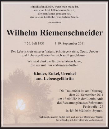 Traueranzeige von Wilhelm Riemenschneider von Tageszeitung