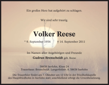 Traueranzeige von Volker Reese von Tageszeitung