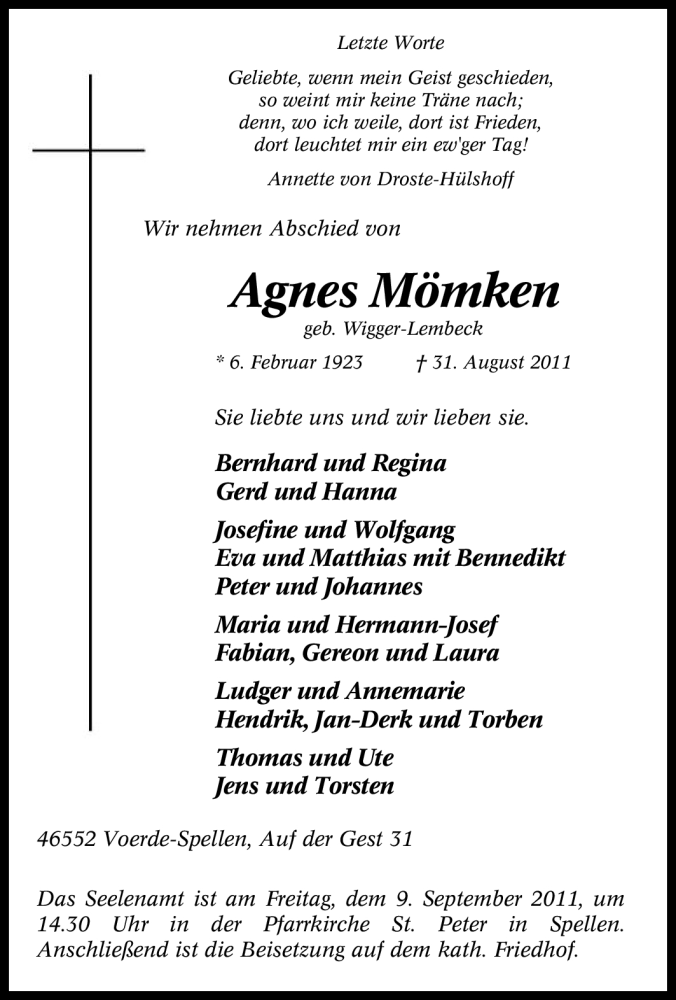  Traueranzeige für Agnes Mömken vom 03.09.2011 aus Tageszeitung