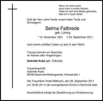 Traueranzeige von Selma Falbrede von Tageszeitung