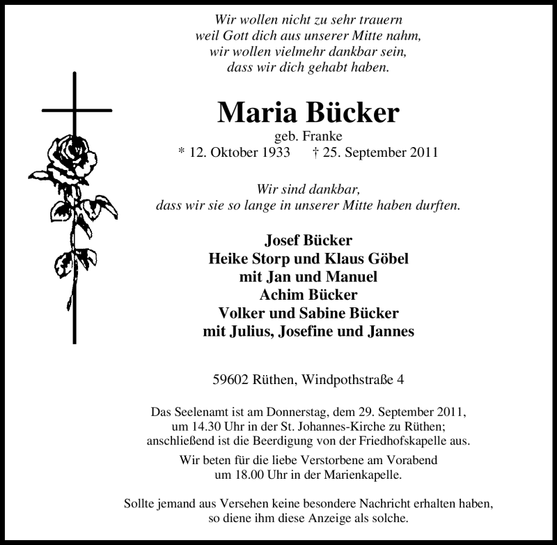  Traueranzeige für Maria Bücker vom 27.09.2011 aus Tageszeitung