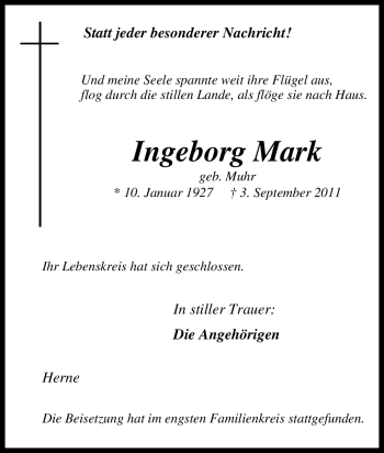 Traueranzeige von Ingeborg Mark von Tageszeitung
