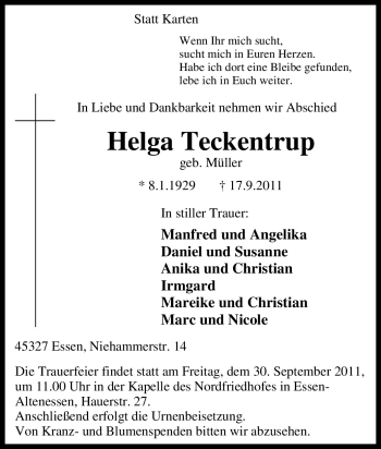 Traueranzeige von Helga Teckentrup von Tageszeitung