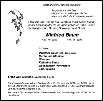 Traueranzeige von Winfried Baum von Tageszeitung