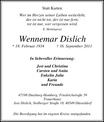 Traueranzeige von Wennem Dislich von Tageszeitung