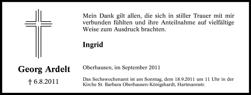 Traueranzeige für Georg Ardelt vom 07.09.2011 aus Tageszeitung