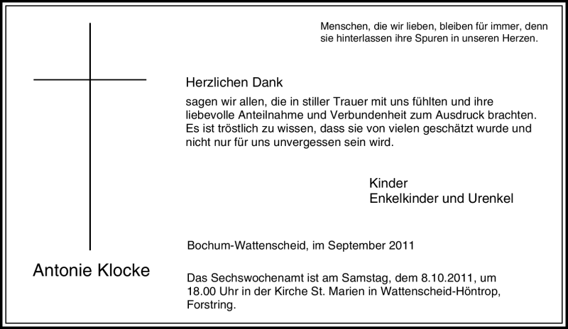  Traueranzeige für Antonie Klocke vom 24.09.2011 aus Tageszeitung