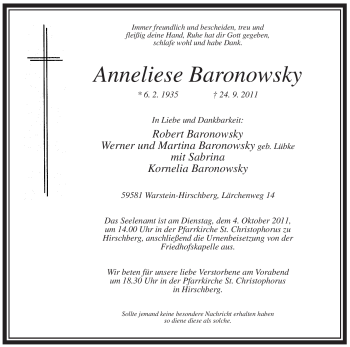 Traueranzeige von Anneliese Baronowsky von Tageszeitung