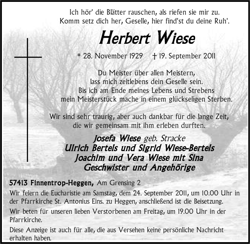 Traueranzeige für Herbert Wiese vom 21.09.2011 aus Tageszeitung