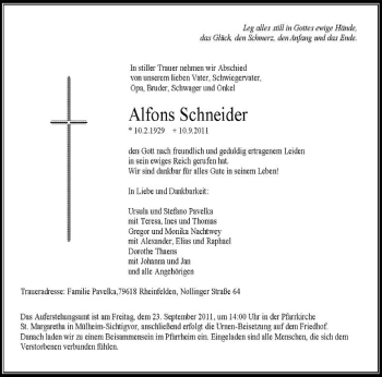 Traueranzeige von Alfons Schneider von Tageszeitung