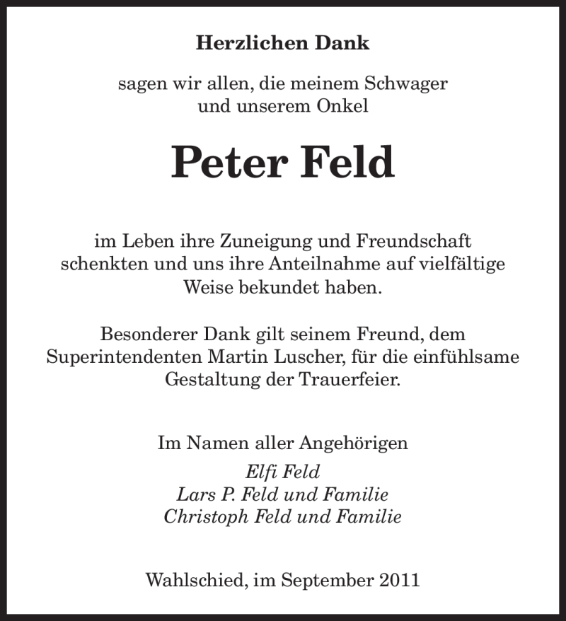  Traueranzeige für Peter Feld vom 24.09.2011 aus Tageszeitung