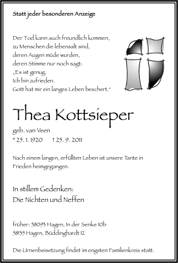 Traueranzeige von Thea Kottsieper von Tageszeitung