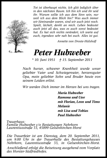 Traueranzeige von Peter Hubweber von Tageszeitung