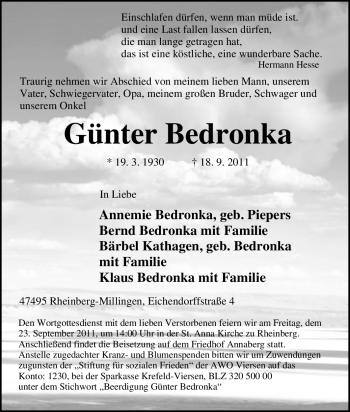 Traueranzeige von Günter Bedronka von Tageszeitung