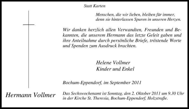  Traueranzeige für Hermann Vollmer vom 24.09.2011 aus Tageszeitung
