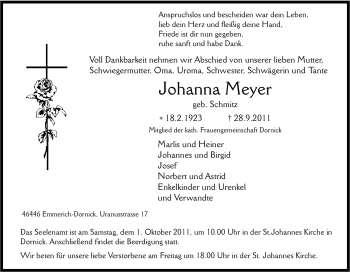 Traueranzeige von Johanna Meyer von Tageszeitung