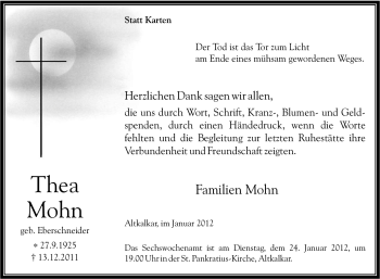 Traueranzeige von Thea Mohn von Tageszeitung