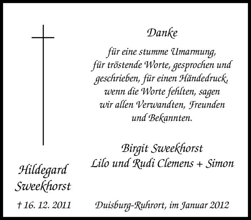  Traueranzeige für Hildegard Sweekhorst vom 20.01.2012 aus Tageszeitung
